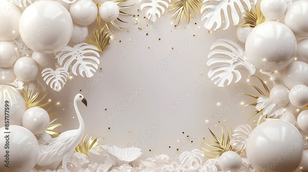 Luxurious 3D White and Gold Balloons with Confetti Frame on Light Background for Celebrations and Events Luxurious 3D White and Gold Balloons with Confetti Frame on Light Background for Celebrations and Events