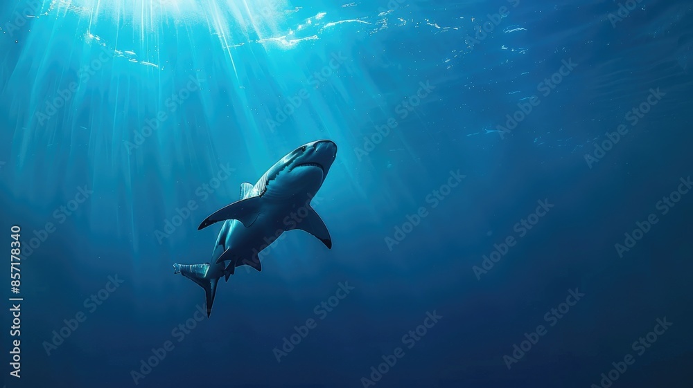 Fototapeta premium Shark swimming in deep blue ocean under sunlight
