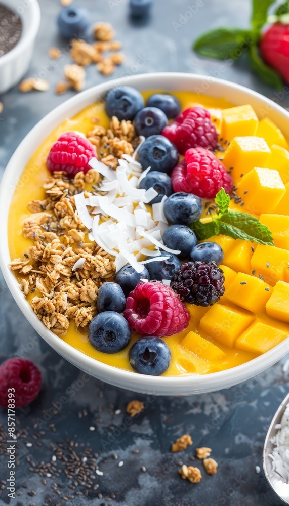 Creamy Mango Smoothie Bowl with Fresh Berries, Granola, Coconut Flakes, and Chia Seeds - Perfect for Healthy Breakfast Creamy Mango Smoothie Bowl with Fresh Berries, Granola, Coconut Flakes, and Chia Seeds - Perfect for Healthy Breakfast