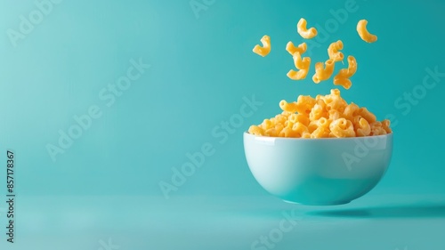 Macaroni falling into bowl of cheesy pasta against blue background photo