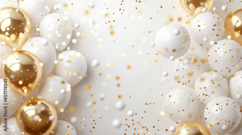Luxurious 3D White and Gold Balloons with Confetti Frame on Light Background for Celebrations and Events Luxurious 3D White and Gold Balloons with Confetti Frame on Light Background for Celebrations and Events