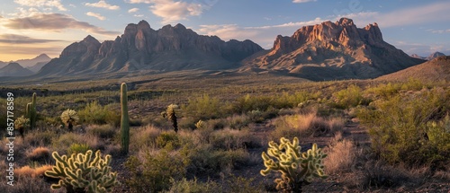 A desert landscape with a mountain range in the background photo