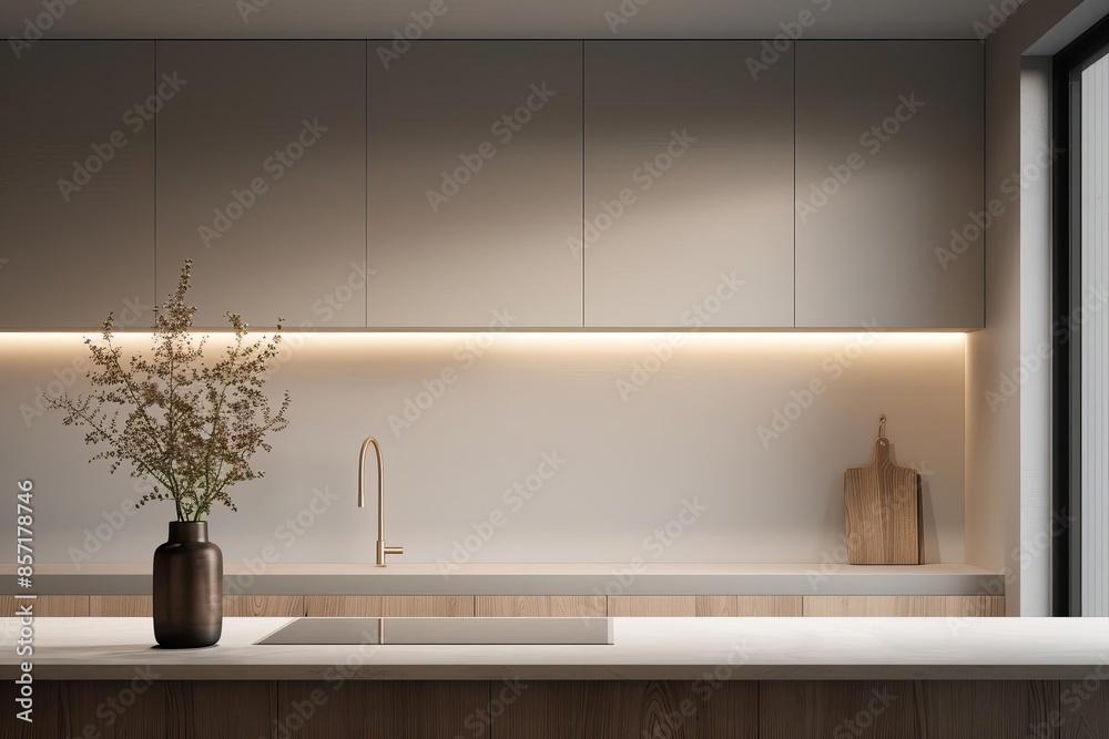 Minimalist kitchen interior with wooden countertop, copper faucet, and a vase with dried flowers. Minimalist kitchen interior with wooden countertop, copper faucet, and a vase with dried flowers.