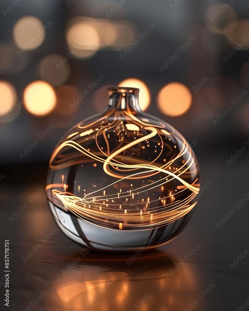 Round glass orb with warm glowing light and abstract design. Round glass orb with warm glowing light and abstract design.