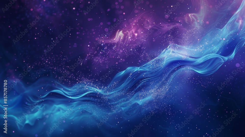 Soft tendrils of color in deep blues and purples with star particles background