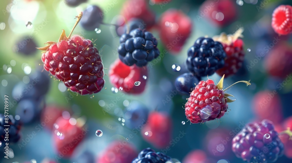 fresh wild berries falling in motion healthy organic fruit dynamic food photography digital illustration