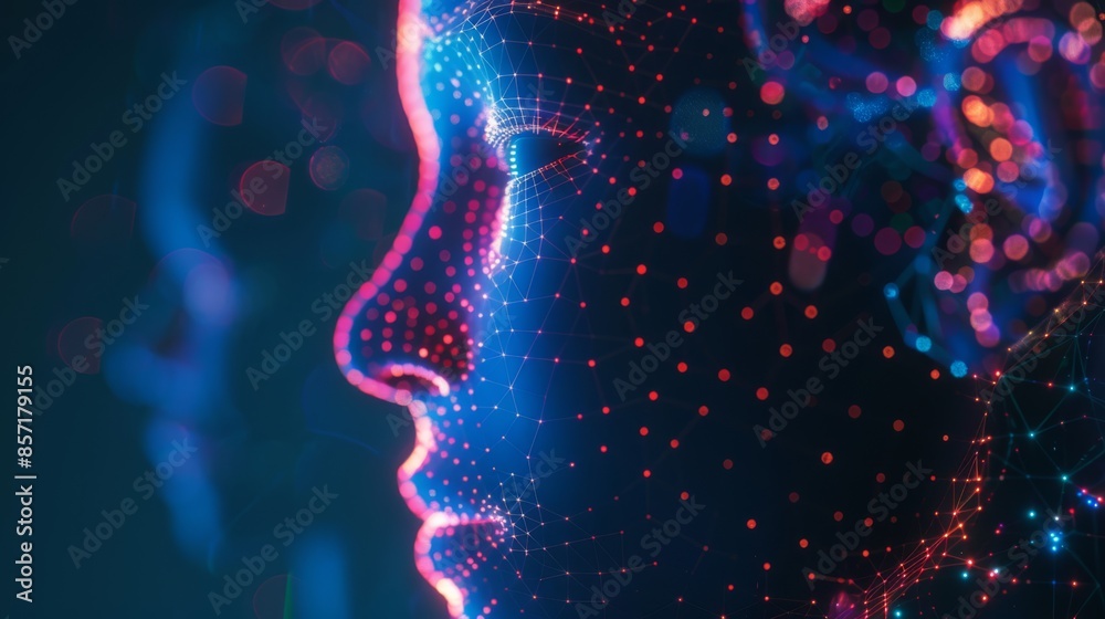 A digital face profile with neural network design, showcasing artificial intelligence and data visualization A digital face profile with neural network design, showcasing artificial intelligence and data visualization