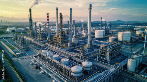 oil and gas power plant refinery with storage tanks facility for oil production or petrochemical factory infrastructure photo