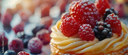 A close-up of a delicious gourmet dessert, showing intricate details in 8k uhd photo