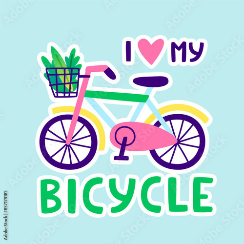 Cartoon sticker with bicycle and lettering. Cute abstract vector bike with basket and text.