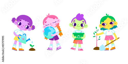 Cartoon eco volunteers children set. Vector colorful environmental care collection with cute kids.
