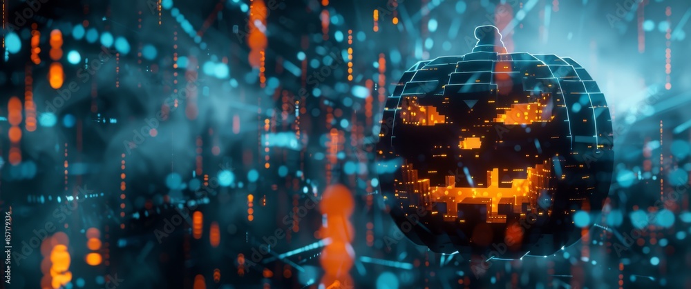 A glowing voxel Halloween pumpkin in a dark, futuristic digital environment. The scene features illuminated orange and blue lights with binary code elements, creating a spooky and high-tech atmosphere A glowing voxel Halloween pumpkin in a dark, futuristic digital environment. The scene features illuminated orange and blue lights with binary code elements, creating a spooky and high-tech atmosphere