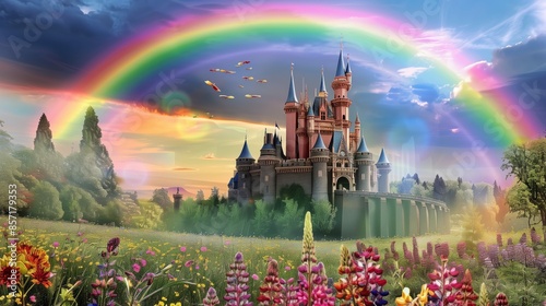 A magical castle, under a vibrant rainbow, stands over a blooming meadow with colorful wildflowers. photo