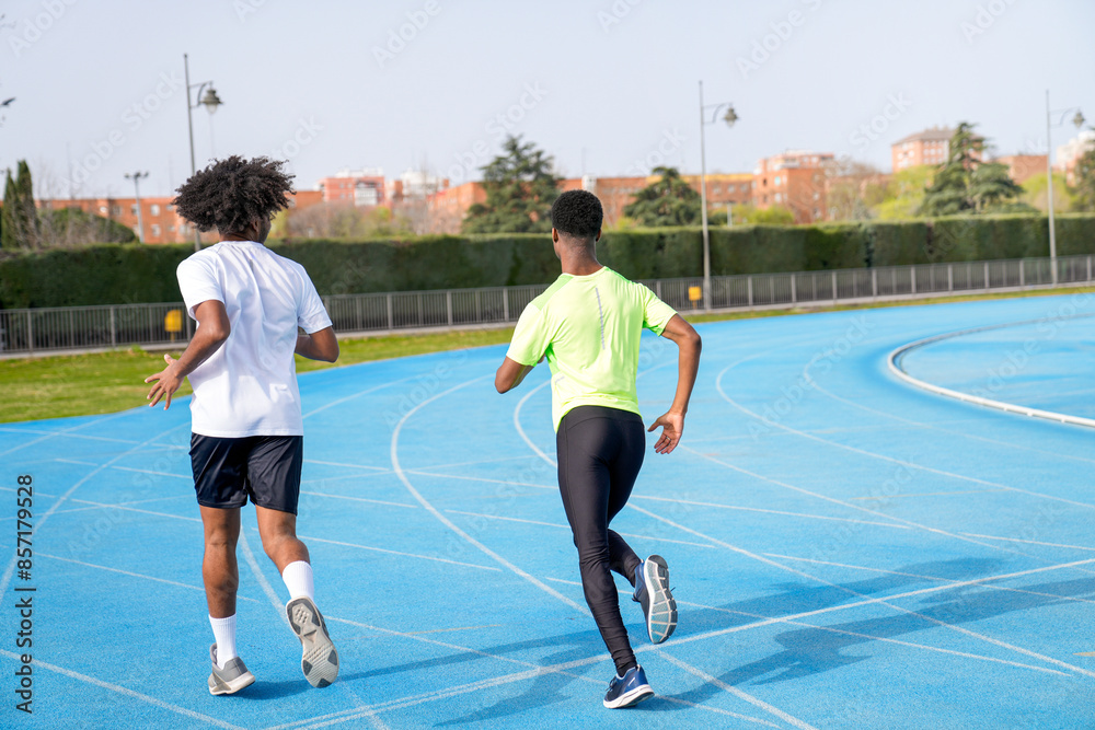 Fototapeta premium Two african young men running on a track
