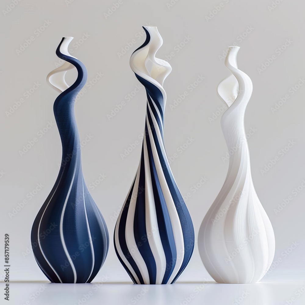 Three modern ceramic vases with abstract swirl design, white and blue. Three modern ceramic vases with abstract swirl design, white and blue.