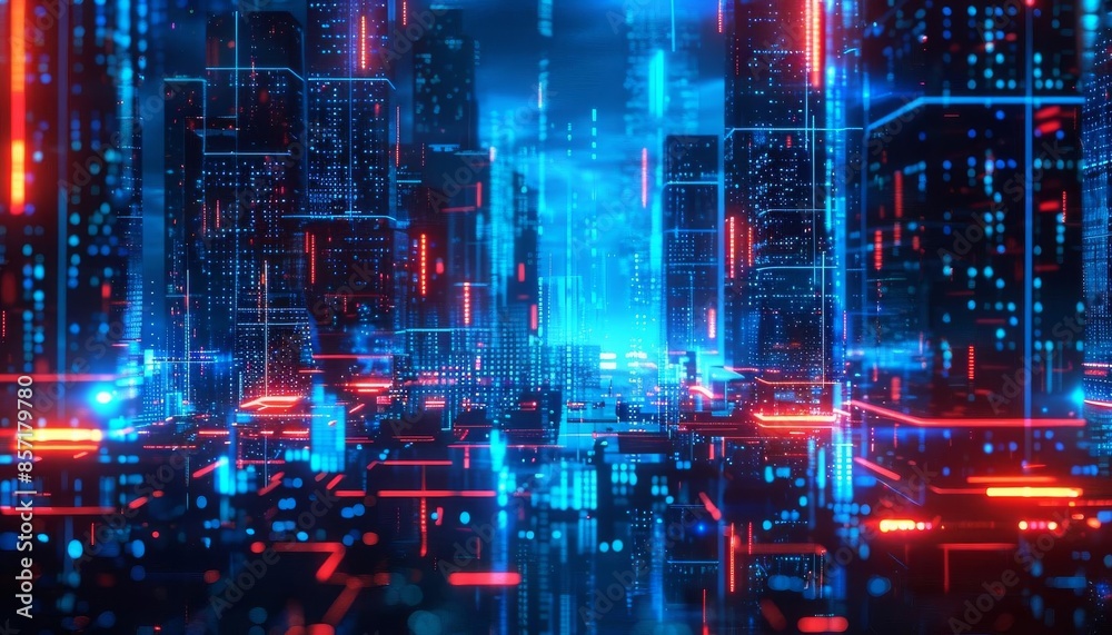 A futuristic digital cityscape with blue and red lights A futuristic digital cityscape with blue and red lights