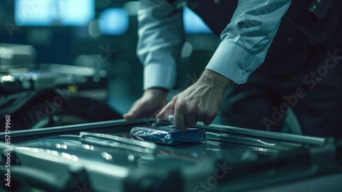 Airport Employee Tagging Luggage at Lost and Found Desk for Accurate Identification and Retrieval