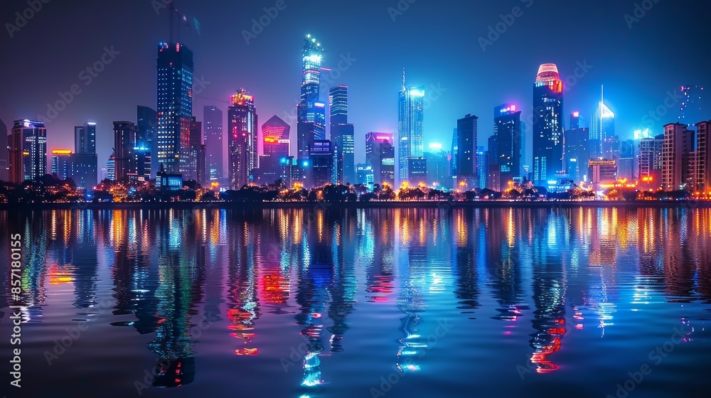 Fototapeta premium Vibrant Nighttime Cityscape with Skyscraper Reflections in the Calm River for Urban Artwork or Print