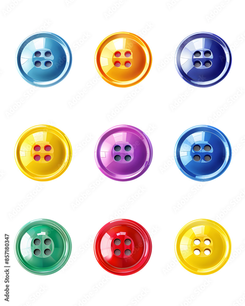 Nine colorful buttons with four holes each, arranged in a grid. The buttons are isolated on a black background. Nine colorful buttons with four holes each, arranged in a grid. The buttons are isolated on a black background.