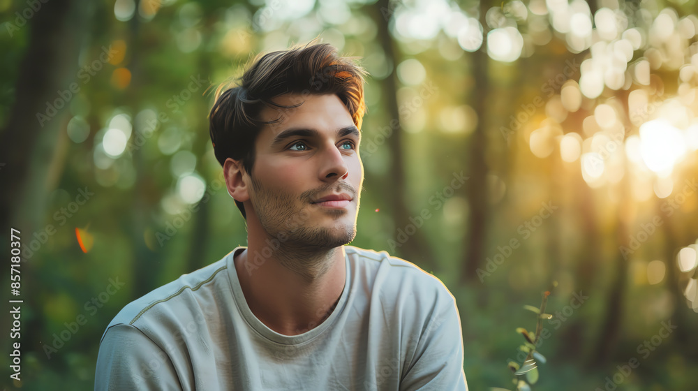 Young man contemplating nature in a forest setting with soft natural lighting, surrounded by lush greenery and sunlit background. Young man contemplating nature in a forest setting with soft natural lighting, surrounded by lush greenery and sunlit background.