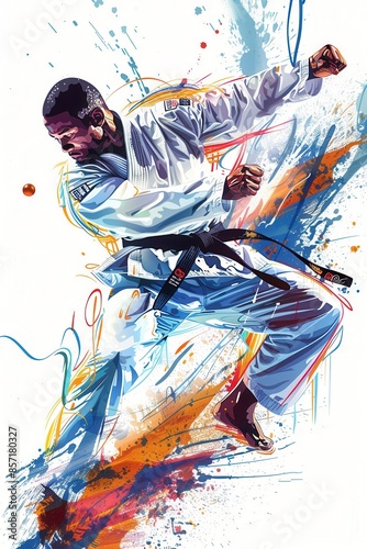 Dynamic illustration of a martial artist executing a powerful kick, with vibrant splashes of color creating a sense of motion and energy.