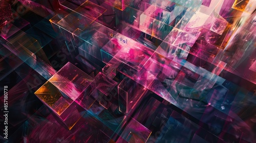 Fototapeta Naklejka Na Ścianę i Meble -  Geometric prism shapes in jewel tones carnival subtly in luminous letters background