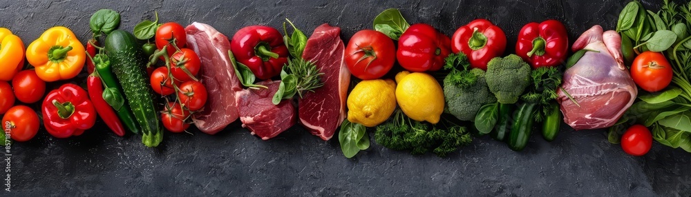 Fresh ingredients for a healthy meal: meat, vegetables, and fruits. Fresh ingredients for a healthy meal: meat, vegetables, and fruits.
