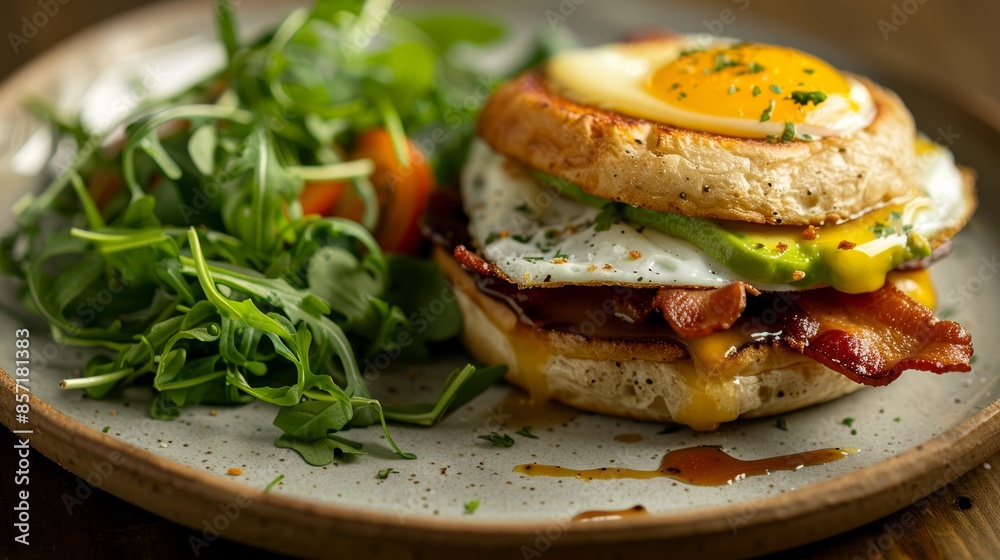 Gourmet Avocado and Bacon Breakfast Sandwich with Fried Egg and Arugula Salad Gourmet Avocado and Bacon Breakfast Sandwich with Fried Egg and Arugula Salad