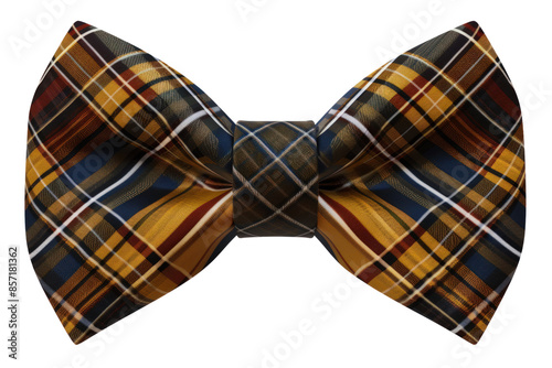 A plaid tie with a gold and blue band. The tie is yellow and blue with a white stripe