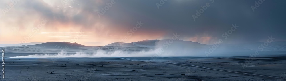 A dramatic, misty landscape with a cloudy sky at dawn. A dramatic, misty landscape with a cloudy sky at dawn.