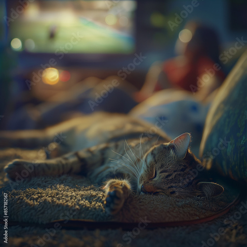 Chat endormis devant la télévision, un couple regarde la télévision paisiblement. Ambiance froide photo