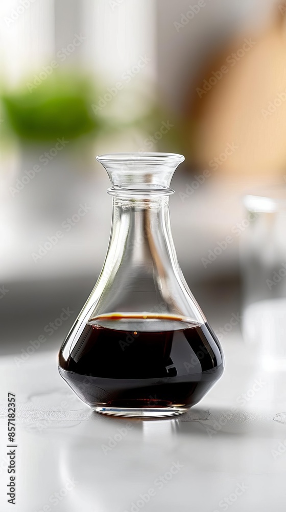 Glass bottle of dark liquid on a white surface. Glass bottle of dark liquid on a white surface.