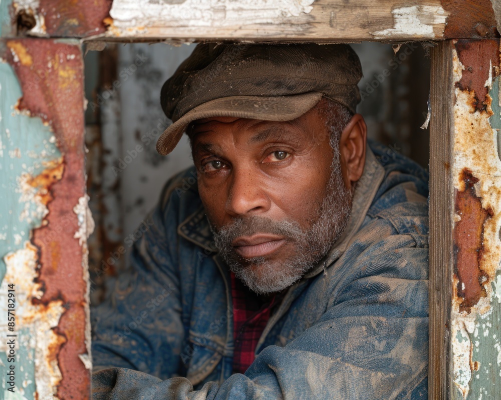 A close-up portrait of a man looking out through a rusty window frame A close-up portrait of a man looking out through a rusty window frame
