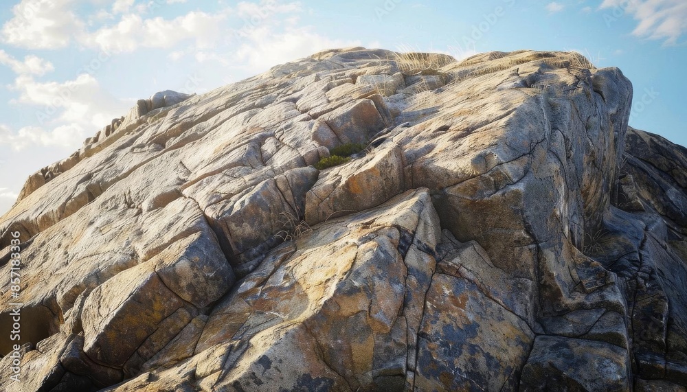 A granite outcrop, with its rugged, weathered appearance, under a clear blue sky. A granite outcrop, with its rugged, weathered appearance, under a clear blue sky.