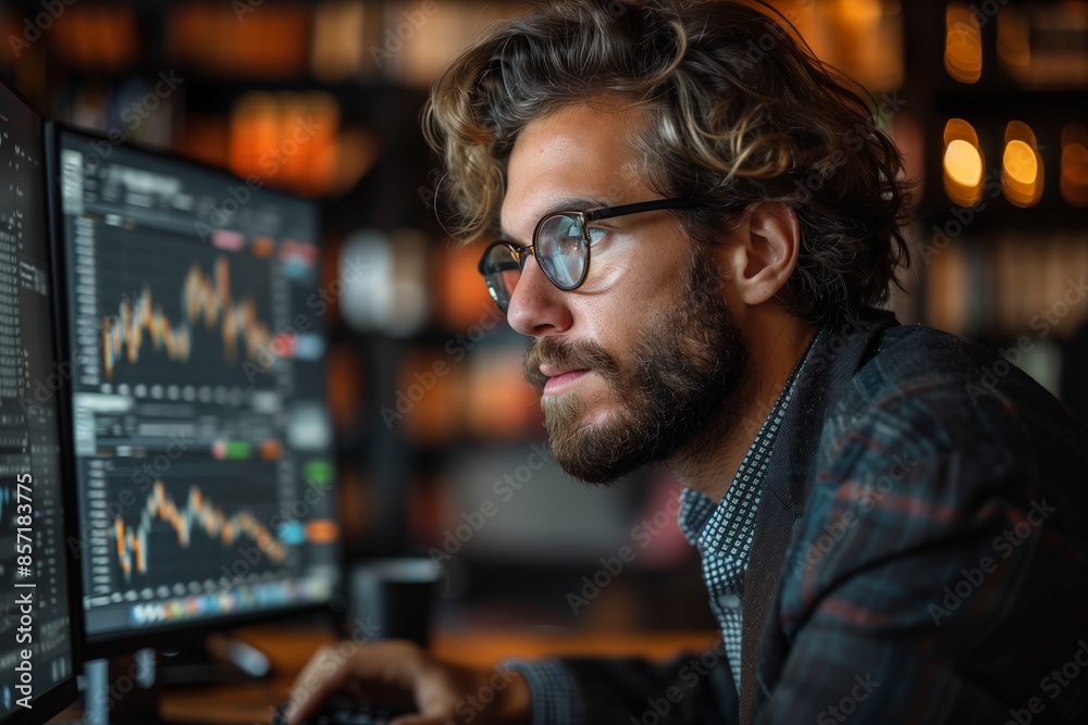 Bearded Man Analyzing Stock Market Data On Computer At Night Bearded Man Analyzing Stock Market Data On Computer At Night