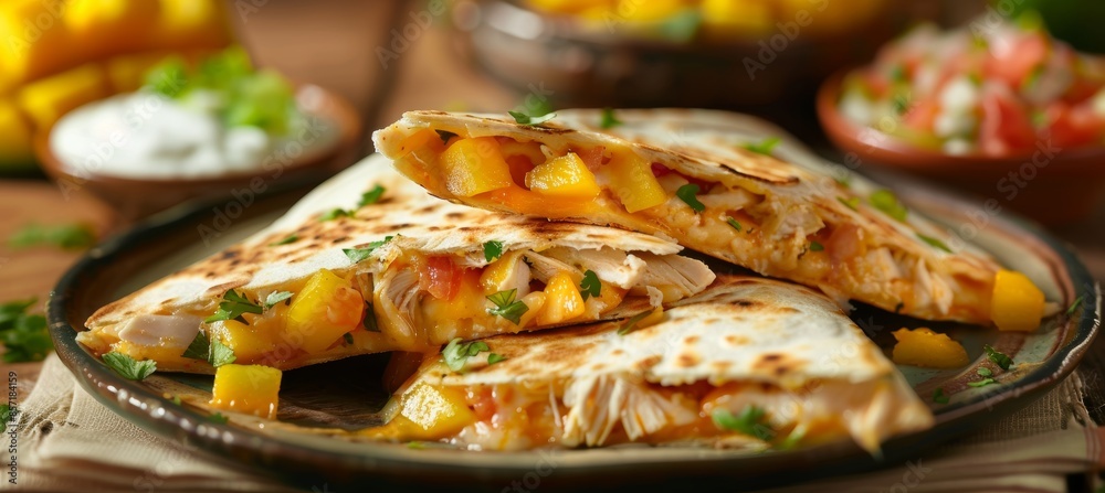 Gourmet Mango and Chicken Quesadilla with Salsa and Sour Cream - Perfect for Design and Menu Cards Gourmet Mango and Chicken Quesadilla with Salsa and Sour Cream - Perfect for Design and Menu Cards