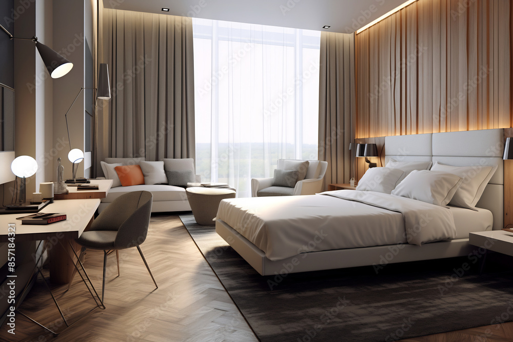 Fototapeta premium Interior of a double bed hotel room