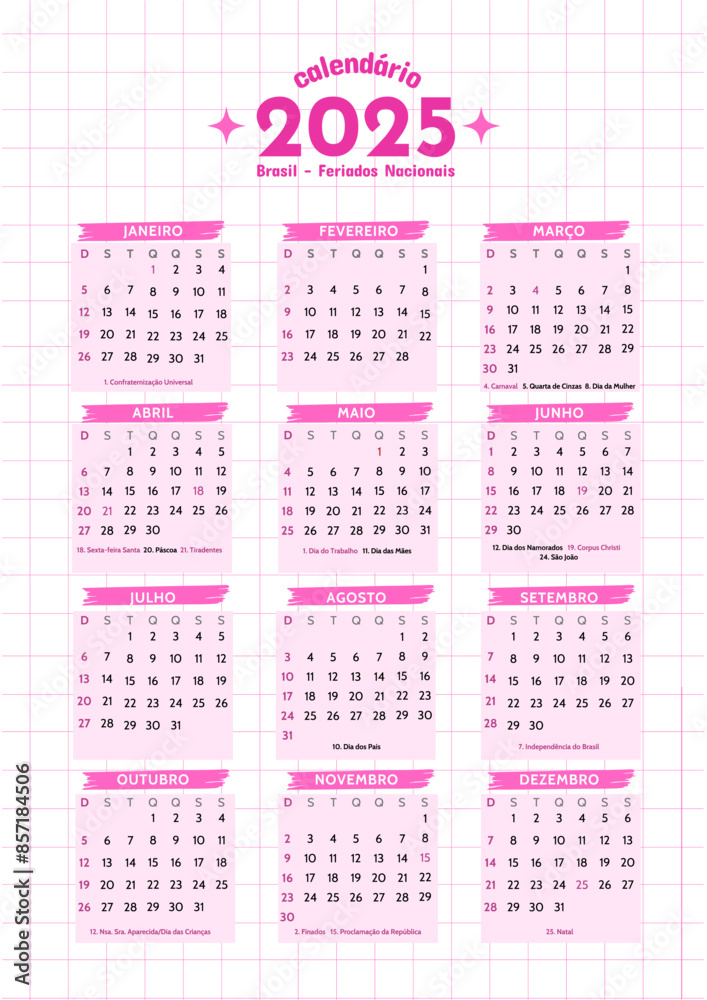 Calendario Brasil Portugues 2025 Feriados Nacionais datas comemorativas todos os meses 2025