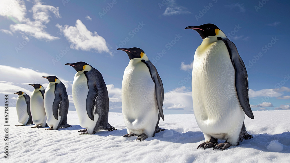 Obraz premium A group of emperor penguins on the snow with a blue sky background