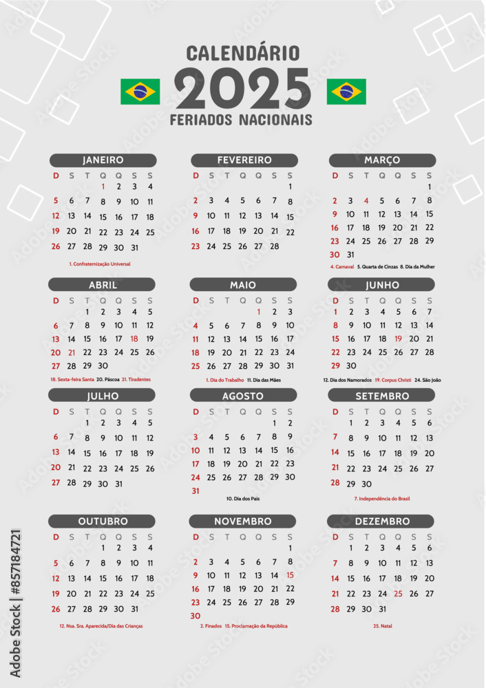 Calendario Brasil Portugues 2025 Feriados Nacionais datas