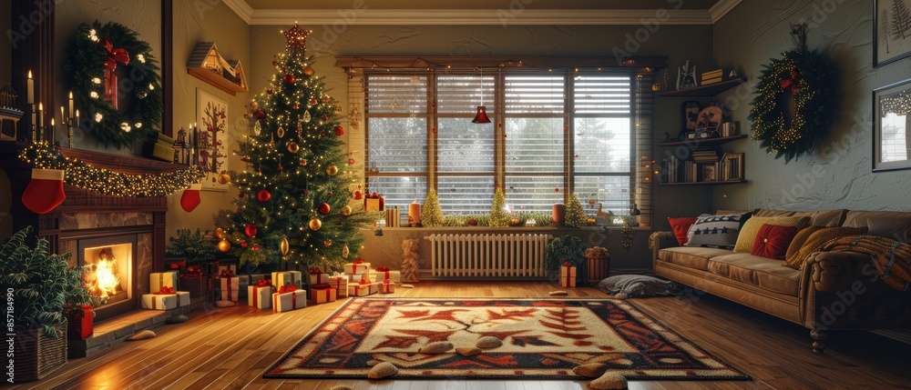A cozy living room with a Christmas tree and festive decorations A cozy living room with a Christmas tree and festive decorations