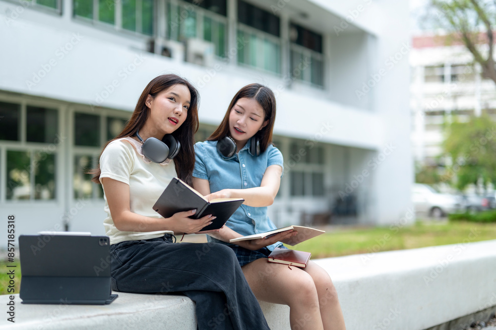 Two women sitting on a bench, one of them holding a book Two women sitting on a bench, one of them holding a book