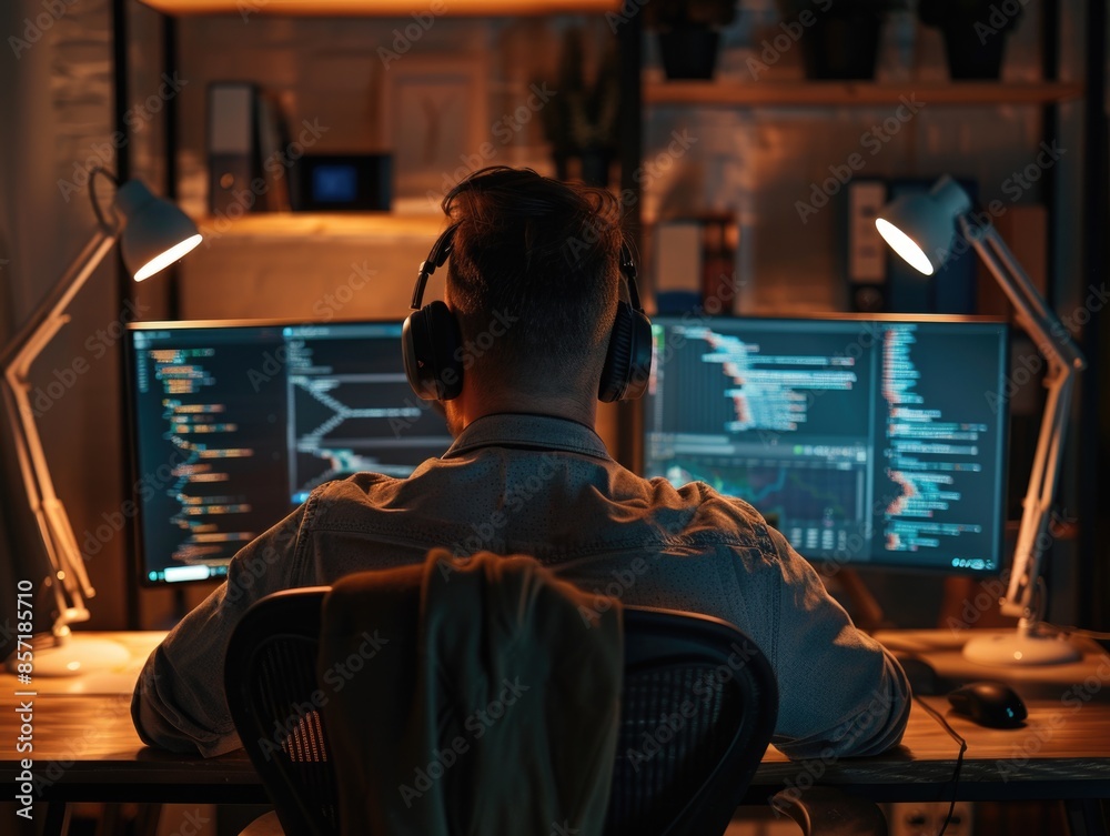 A person working on two computers with multiple screens open, suitable for illustrations about office work or technology A person working on two computers with multiple screens open, suitable for illustrations about office work or technology