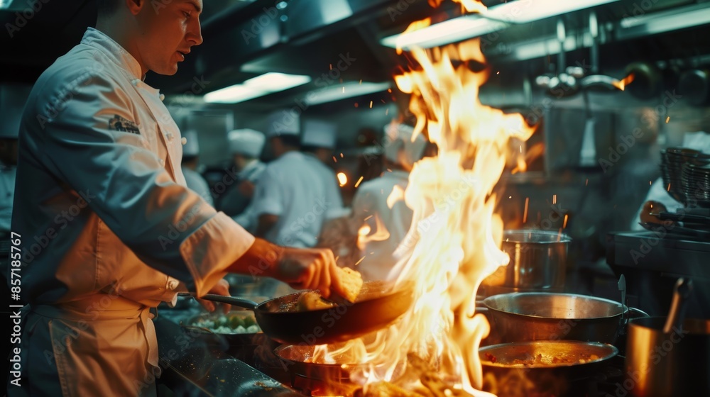 Professional Chef Flambéing Chicken in Restaurant Kitchen with High Flames and Focused Team Professional Chef Flambéing Chicken in Restaurant Kitchen with High Flames and Focused Team
