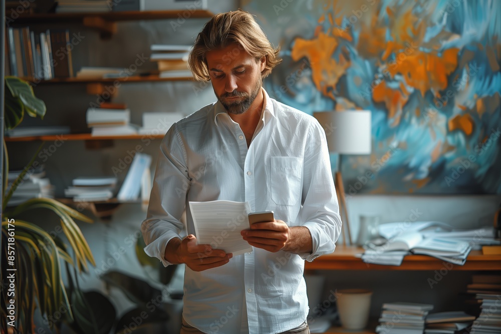 Man in White Shirt Reading Paperwork in Home Office Man in White Shirt Reading Paperwork in Home Office