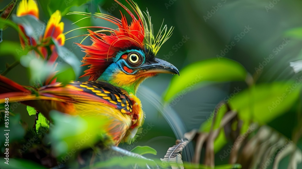 Vibrant alien bird in the Brazilian jungle. Exotic wildlife photography