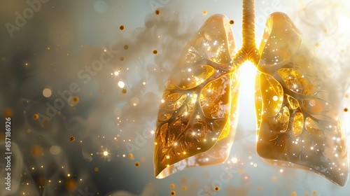 A 3D illustration of a realistic lung absorbing glowing gold molecules. When these gold particles are absorbed, the lung tissue recovers and regenerates itself.
 photo