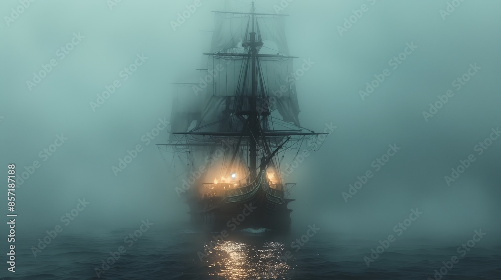 Obraz premium A Tall Ship Sailing Through Dense Fog at Sea