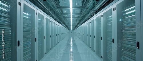 A data center with rows of servers and cybersecurity protocols photo