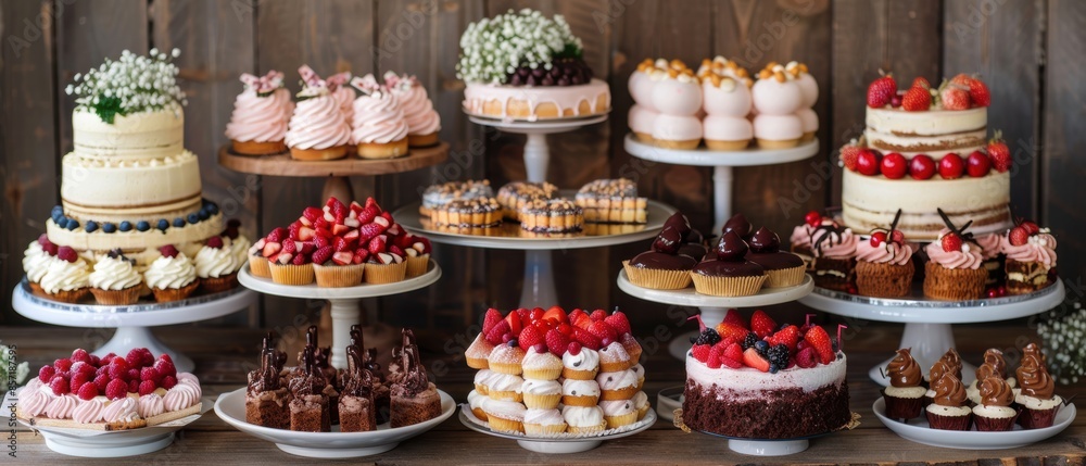 A delicious dessert table with an assortment of cakes and pastries A delicious dessert table with an assortment of cakes and pastries